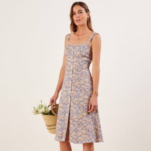 Reformation Persimmon Dolores Dress Size 2 Blue Yellow Pink Floral - Picture 2 of 7